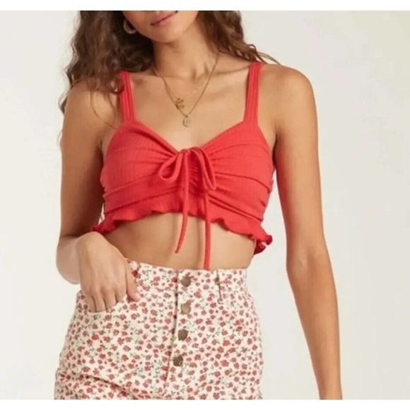 Billabong Red Mimi Bralette soft rib knit Ruffle tie detail Crop Top Size Medium - Picture 3 of 14